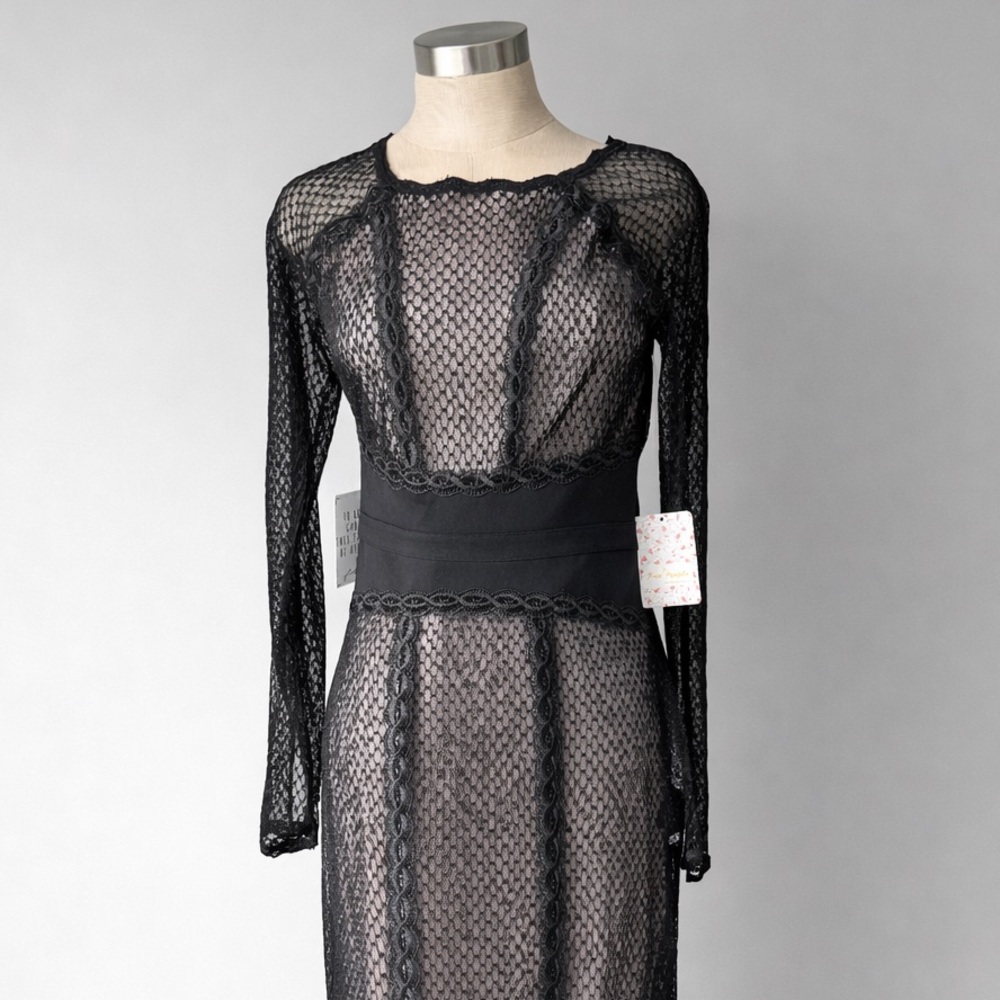 Free People Black Lace Dress Sheer Long Sleeve Size Small NWT